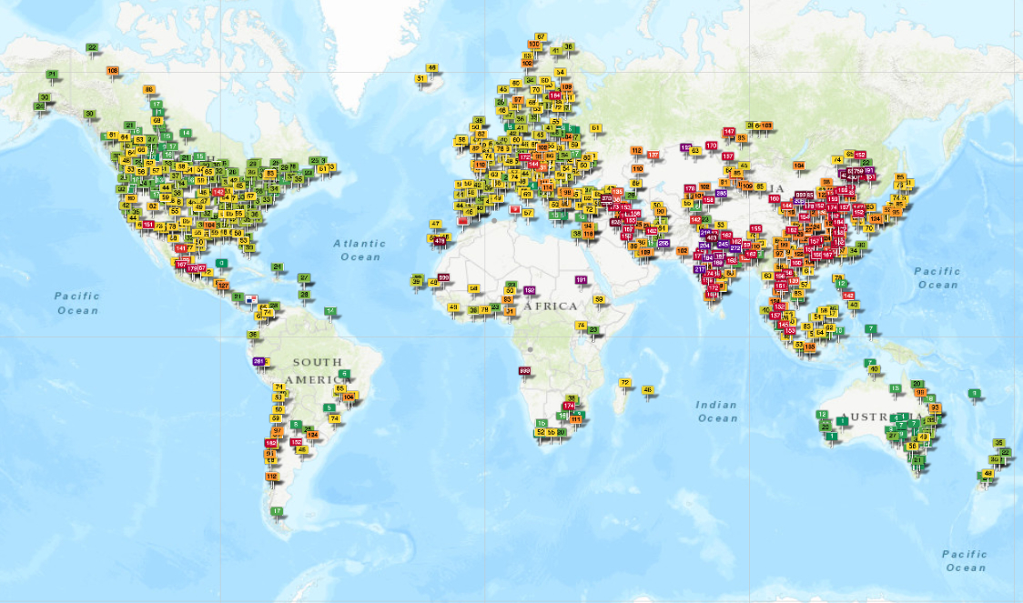 Snapshot of global air quality station readings, April 20, 2022.